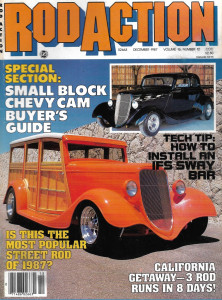 ROD ACTION 1987 DEC - CHEVY CAM BUYERS GUIDE, IFS SWAY BAR INSTALL, '33 WOODIE